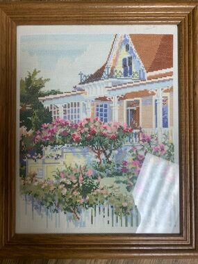 Framed Cross-Stitch House Scene with Pink Roses